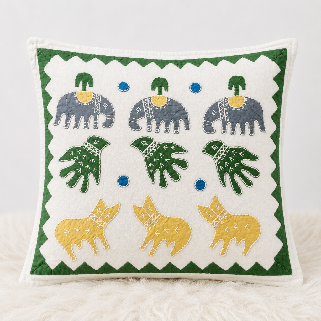 Gentle Safari Animal Motifs Applique Cotton Cushion Cover