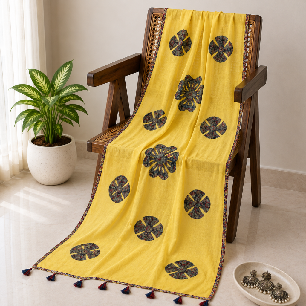 Yellow Cotton Dupatta with Applique Patchwork Design