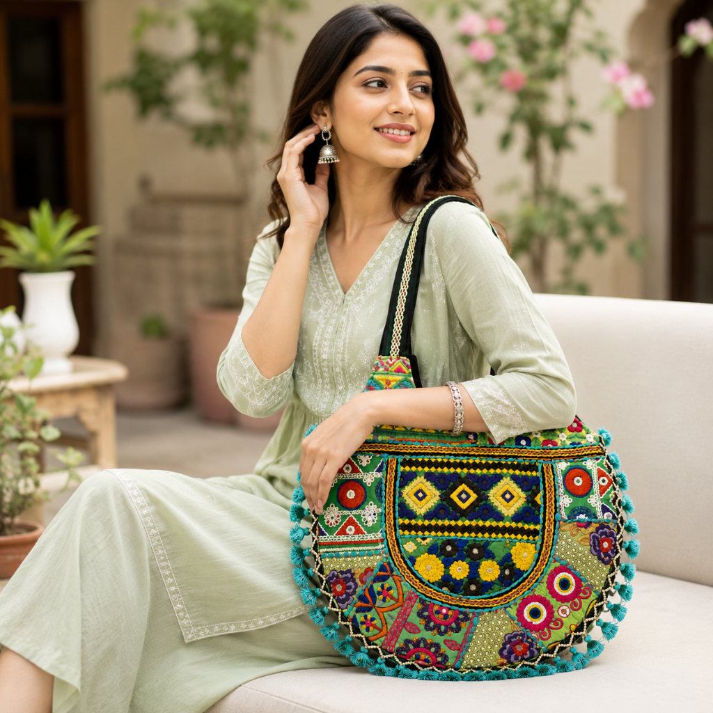 Tribal Hues Boho Embroidered Tote Bag