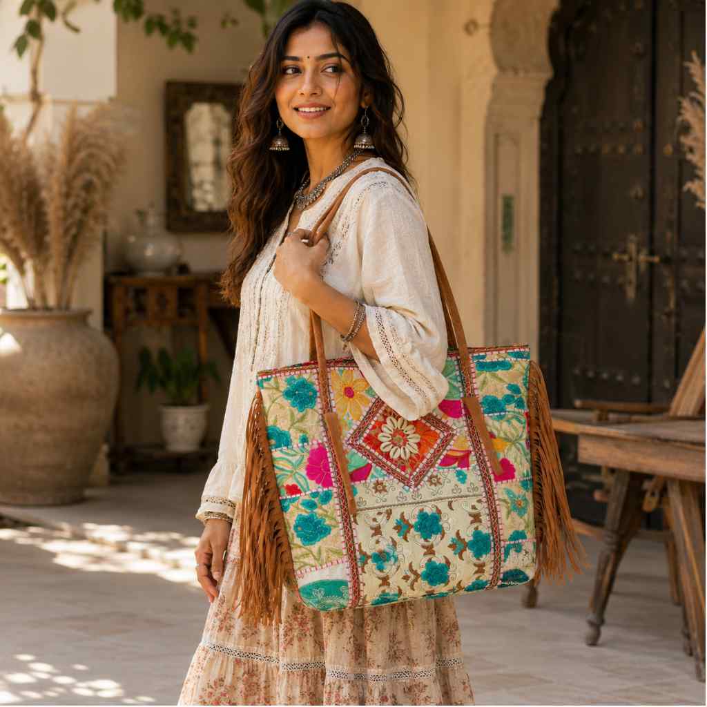 Fringe Play Embroidered Banjara Tote Bag