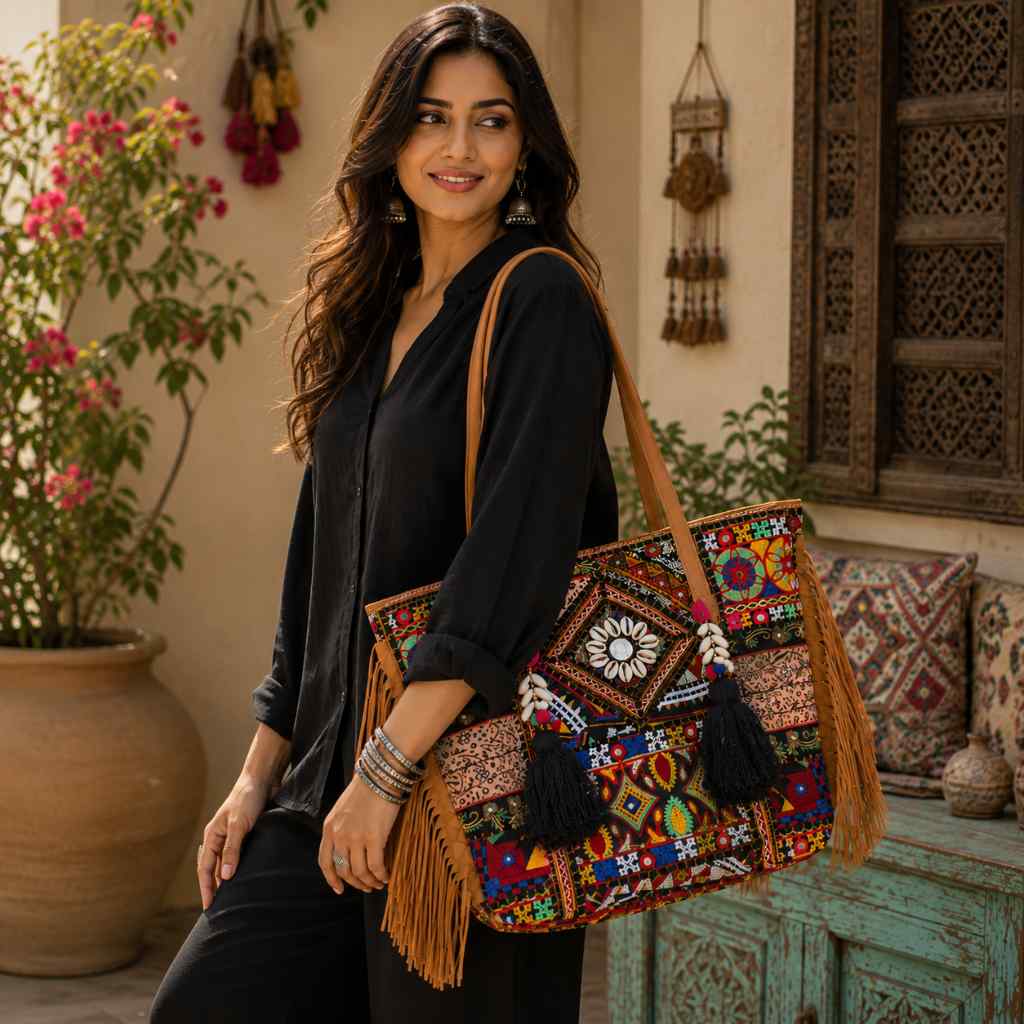 Fringe Play Embroidered Banjara Tote Bag