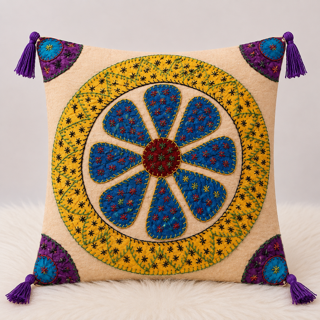 Handcrafted Floral Applique Cushion Cover