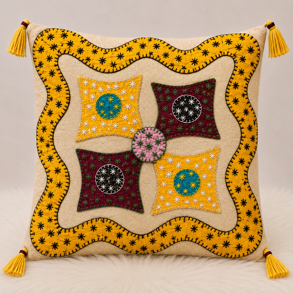 Geometric Hues Applique Cushion Cover