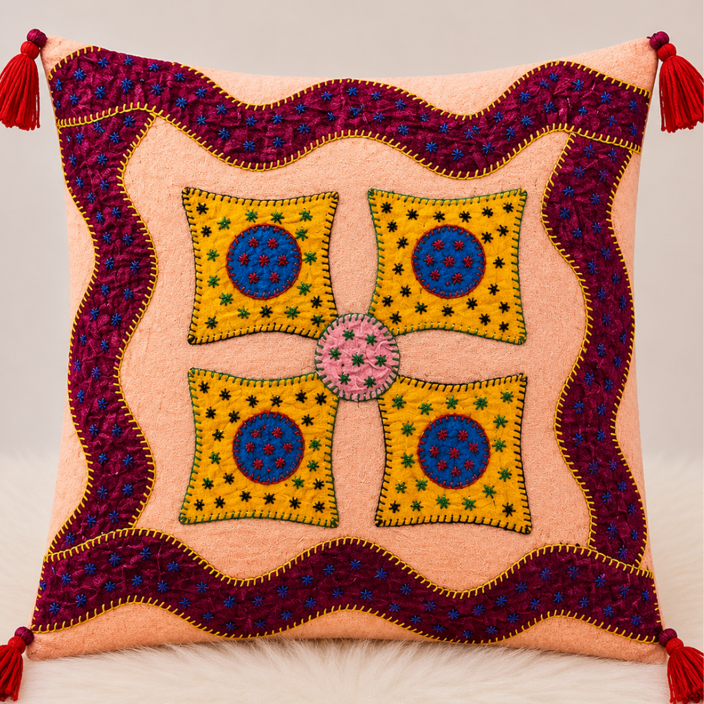 Geometric Hues Applique Cushion Cover