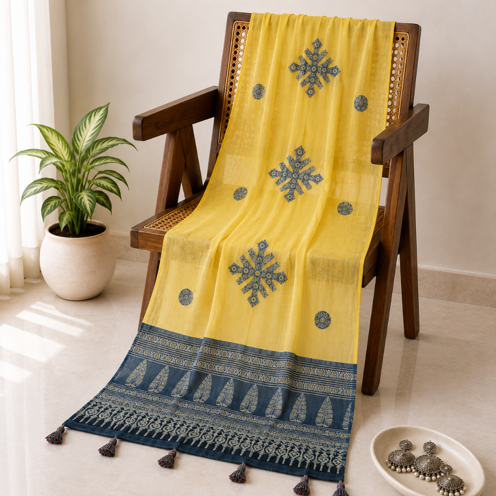 Sunlit Green Mandala Applique Yellow Dupatta