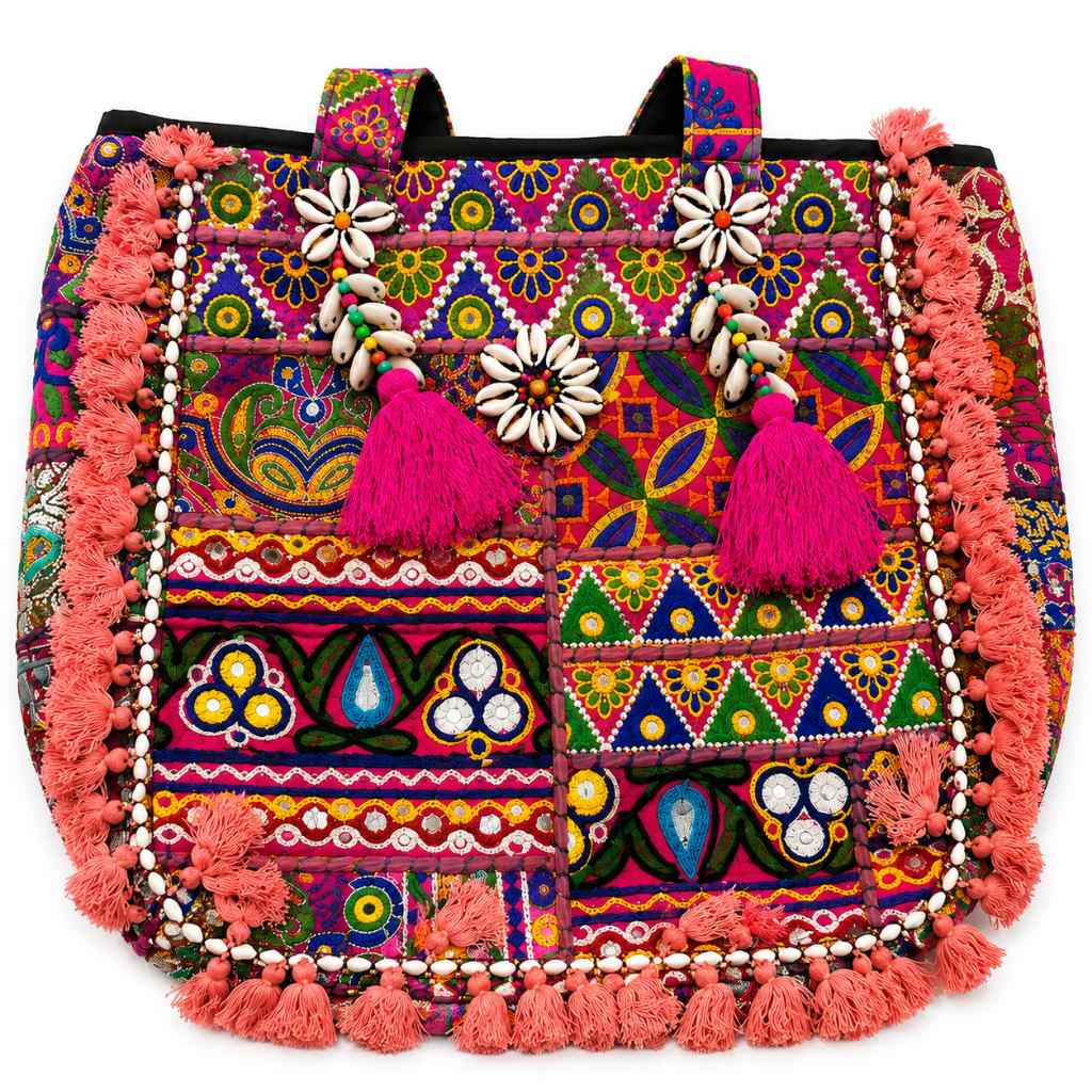 Boho Embroidered Tote Bag with Tassels