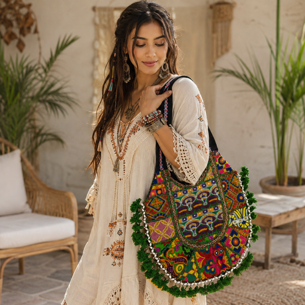 Tribal Hues Boho Embroidered Tote Bag