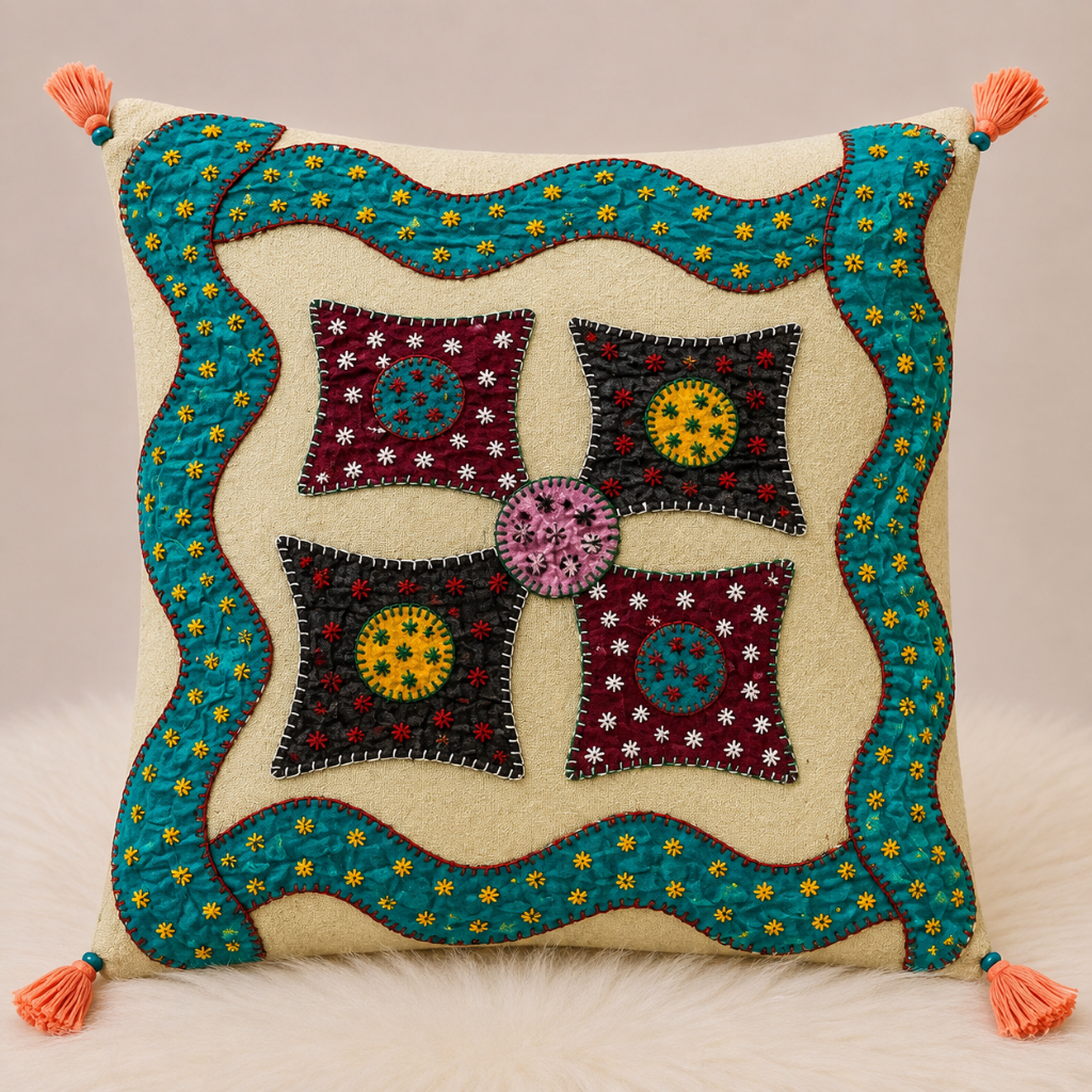 Geometric Hues Applique Cushion Cover