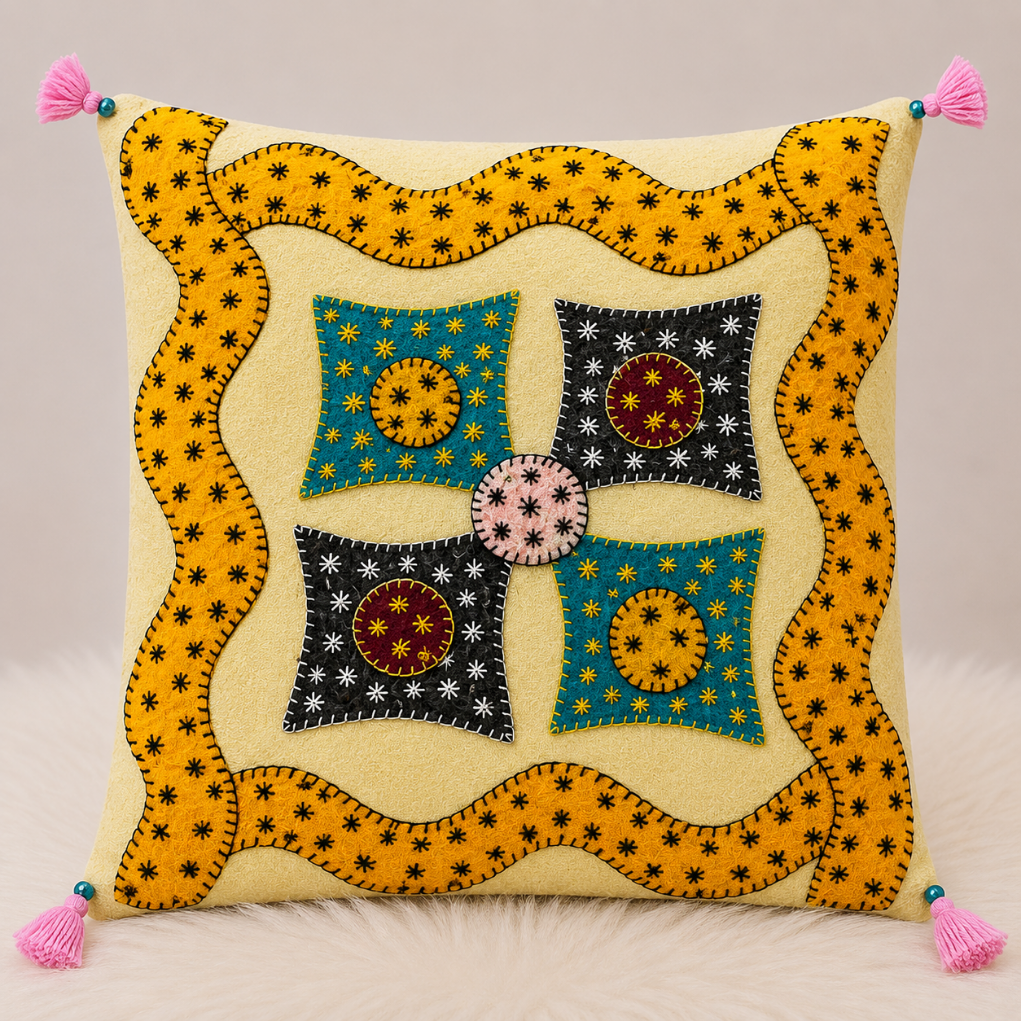 Geometric Hues Applique Cushion Cover
