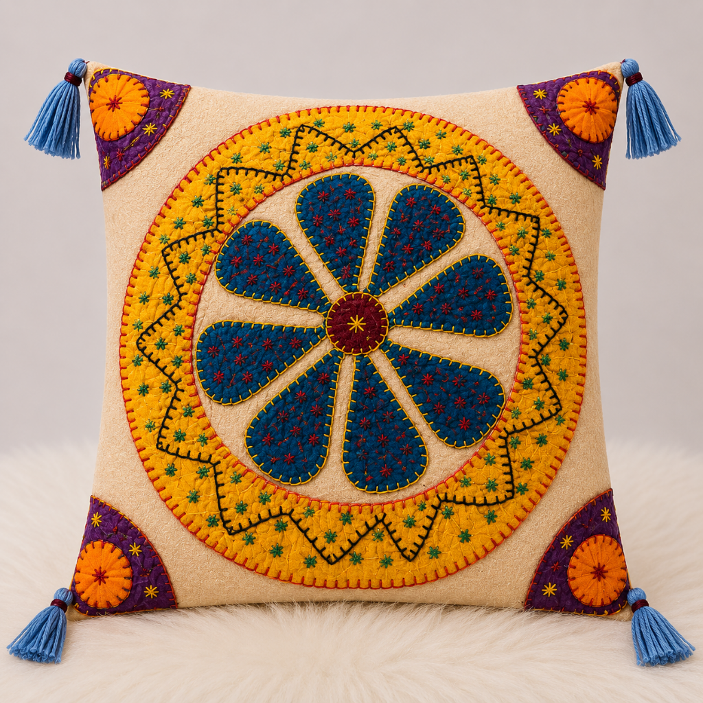 Handcrafted Floral Applique Cushion Cover