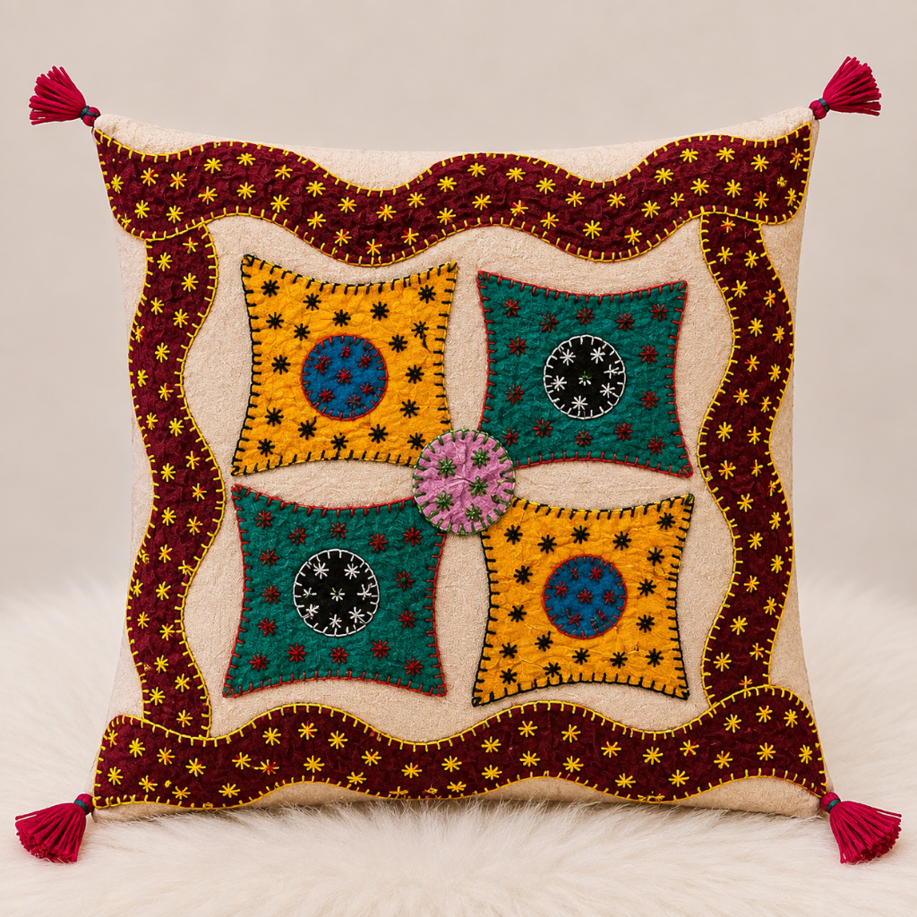 Geometric Hues Applique Cushion Cover