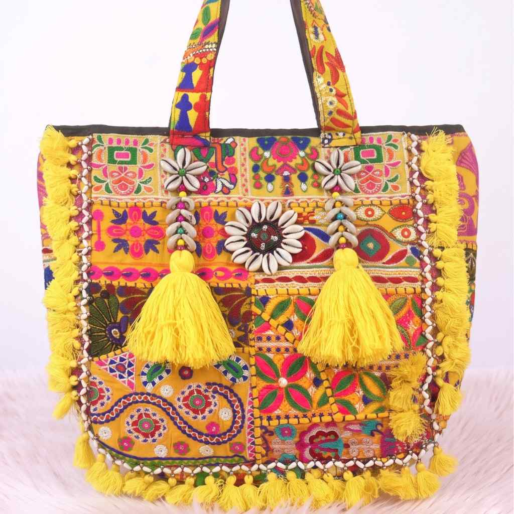 Boho Embroidered Tote Bag with Tassels