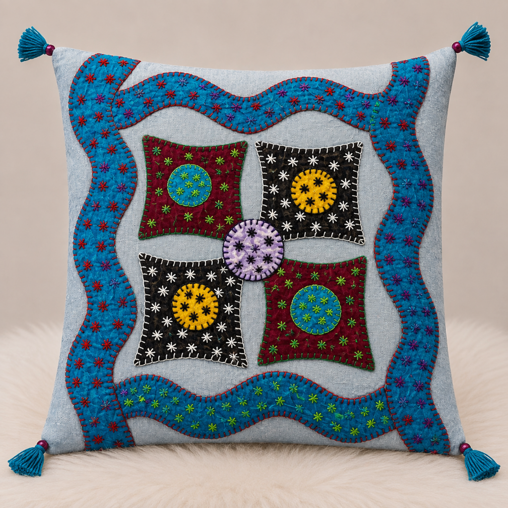 Geometric Hues Applique Cushion Cover
