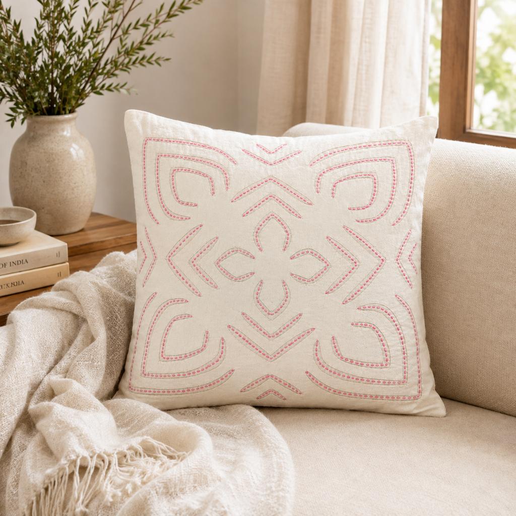 White Appliqué Cutwork Cushion Cover