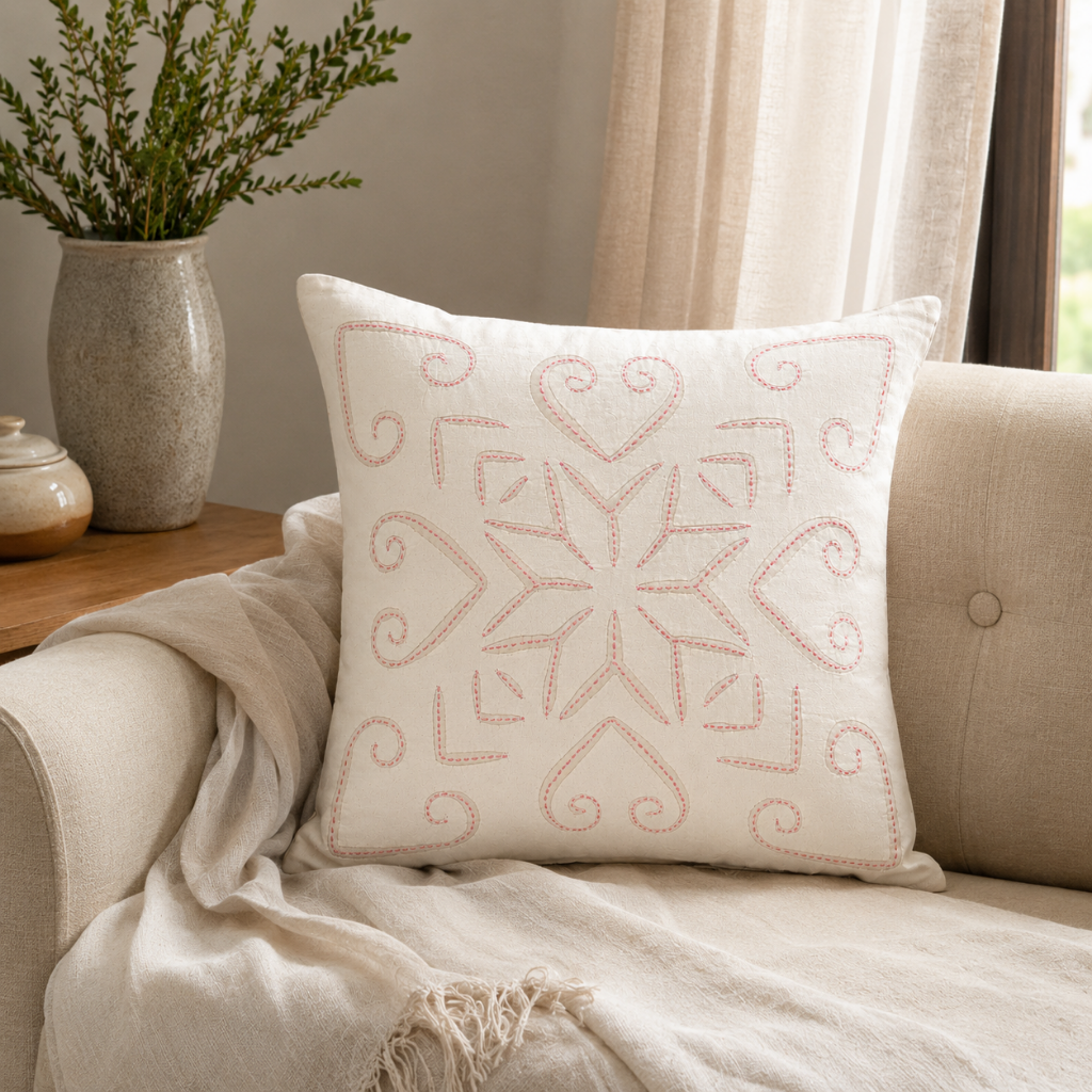 White Appliqué Cutwork Cushion Cover