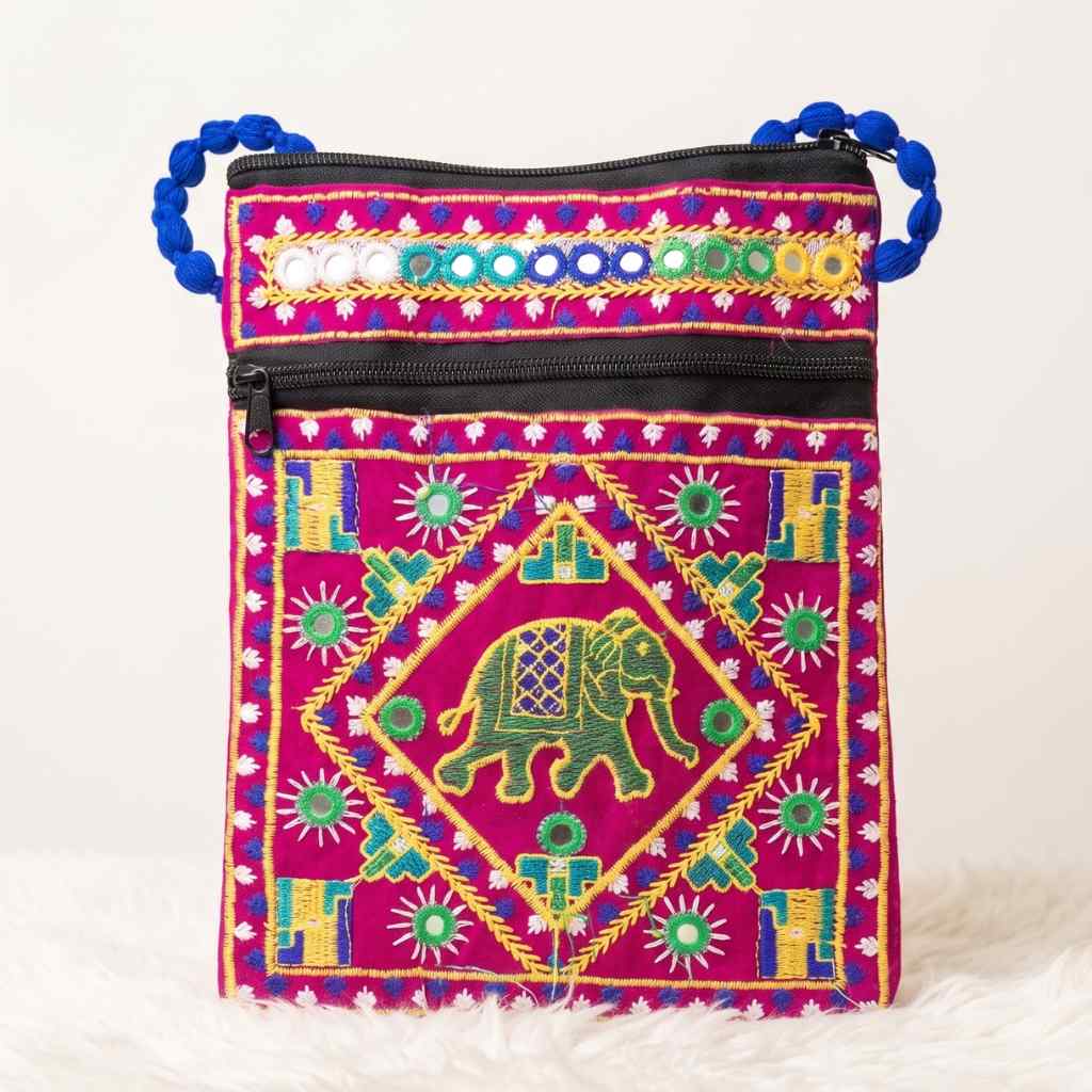 Folk Art Elephant Embroidered Sling Bag