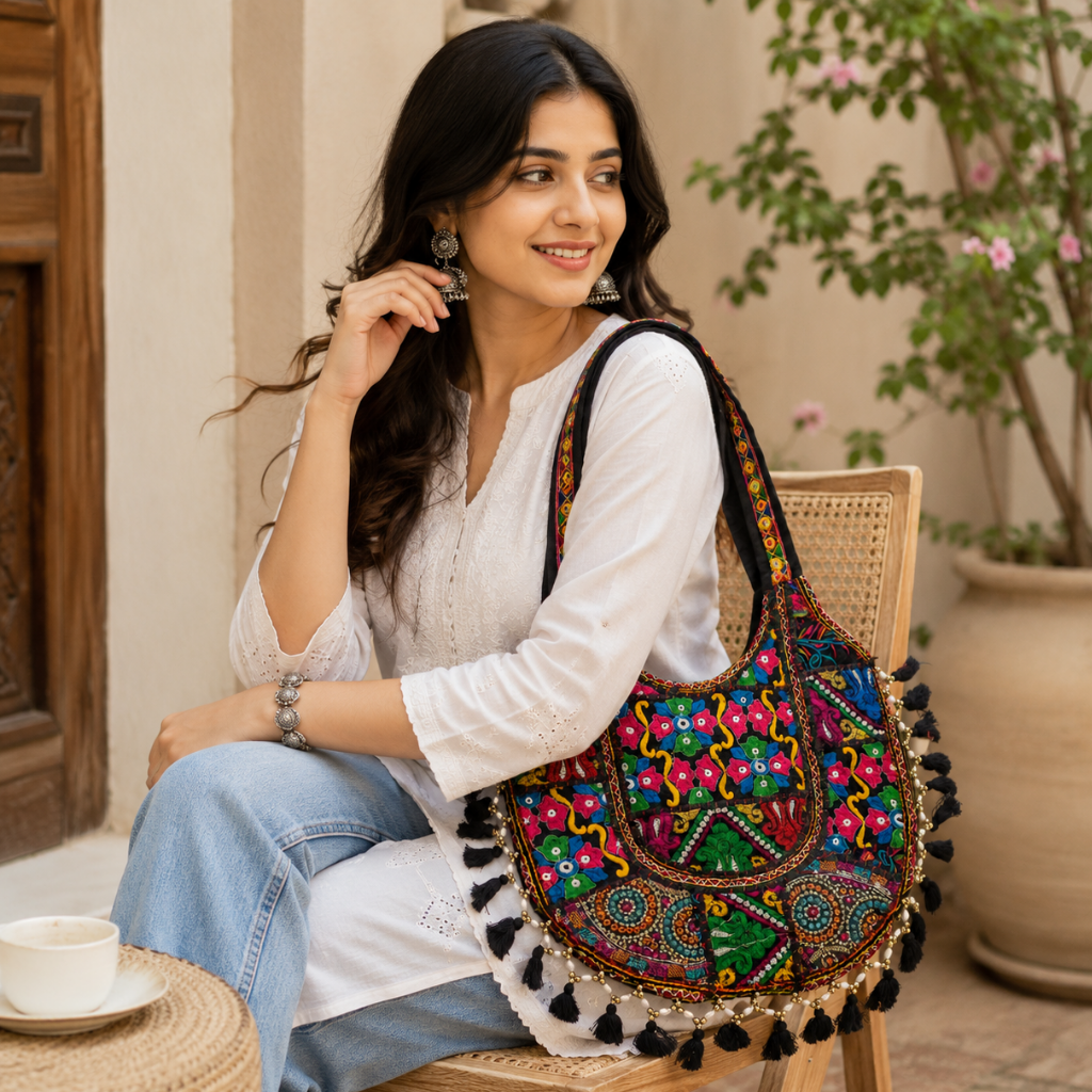 Tribal Hues Boho Embroidered Tote Bag