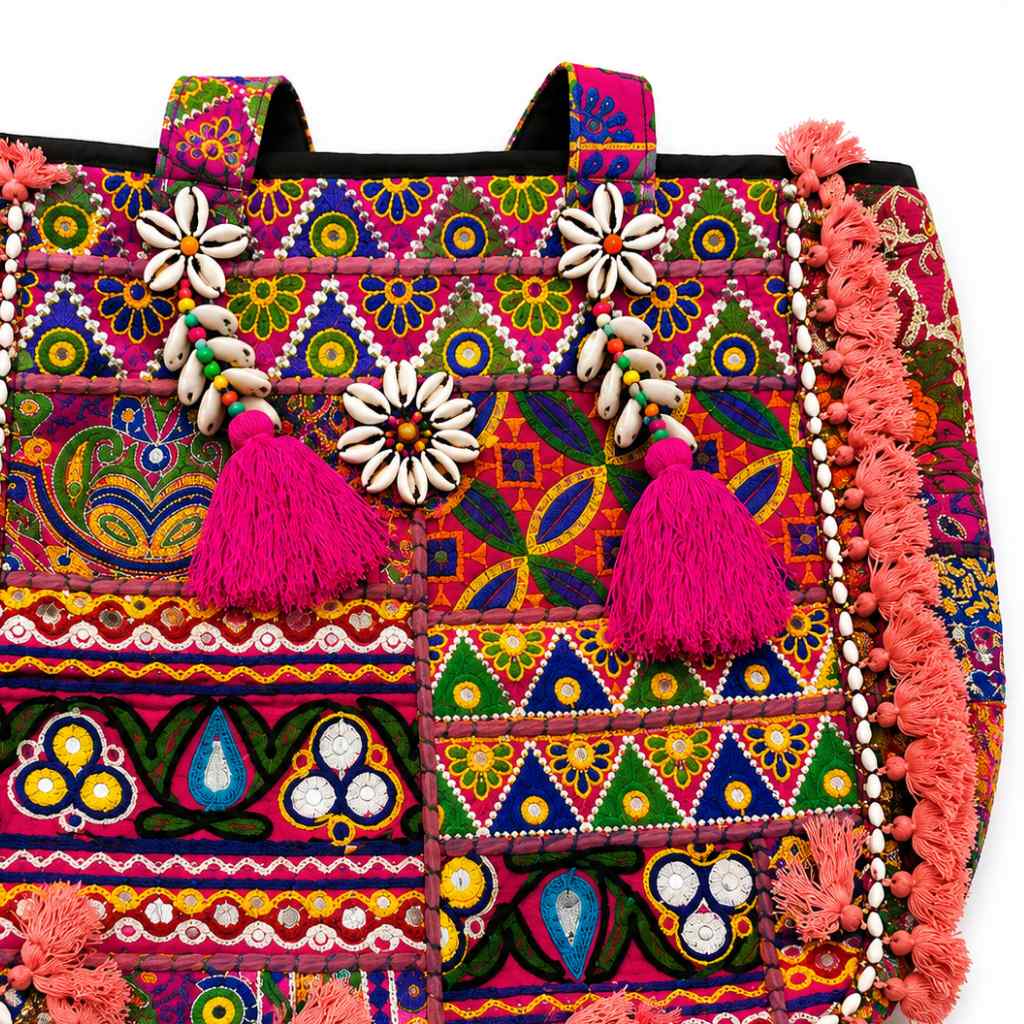 Boho Embroidered Tote Bag with Tassels