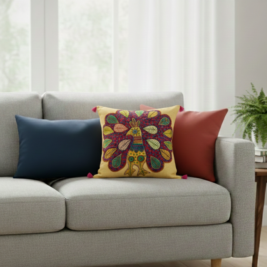 Beige Peacock Charm Embroidered Cotton Cushion Cover