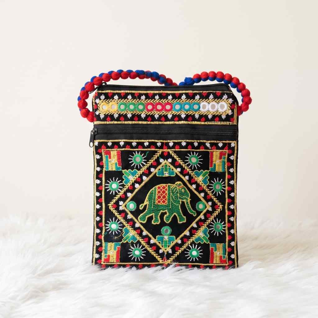 Folk Art Elephant Embroidered Sling Bag