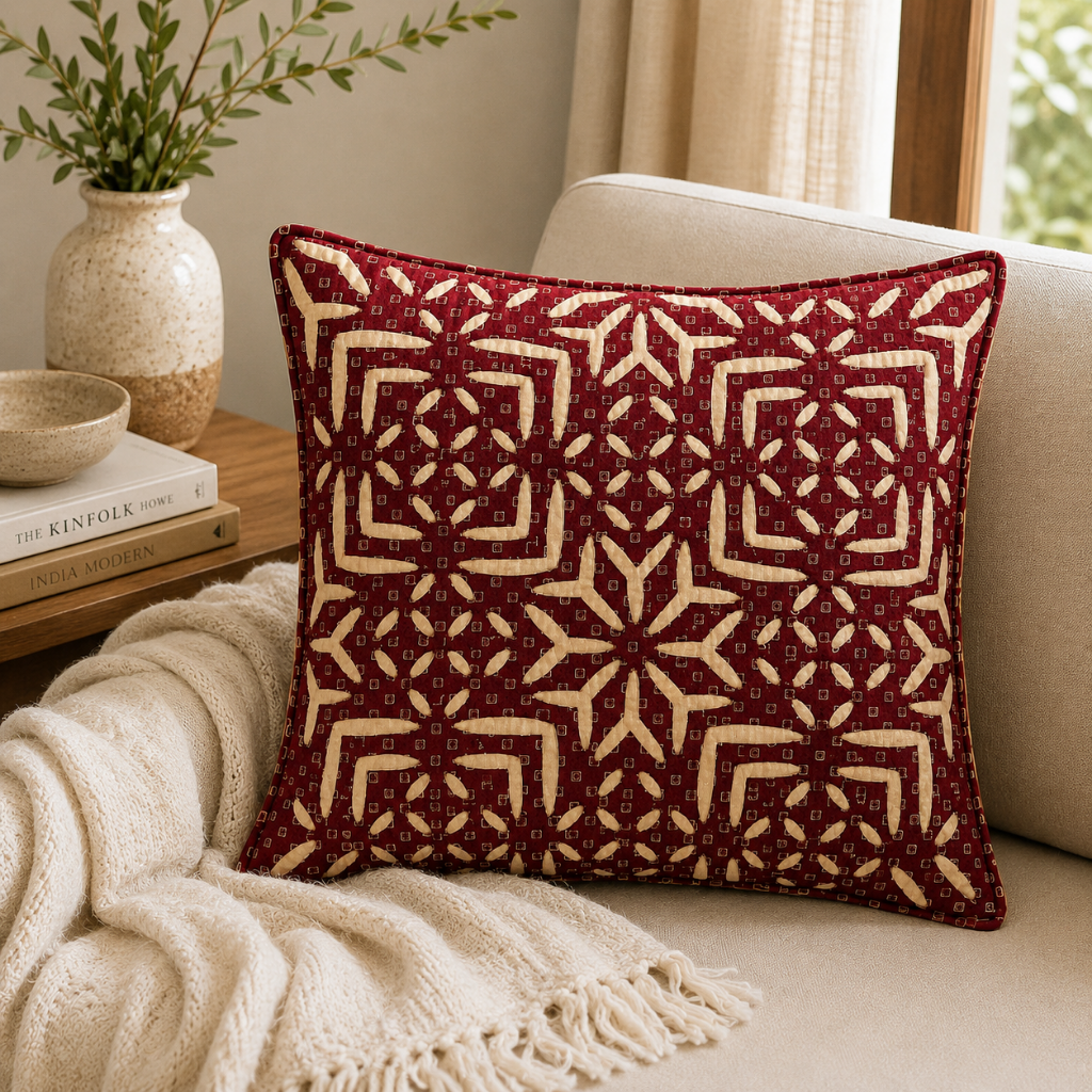 Elegant Red & Blue Applique Cushion Cover for Sofa or Bed Throw