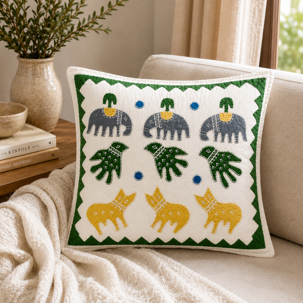 Gentle Safari Animal Motifs Applique Cotton Cushion Cover