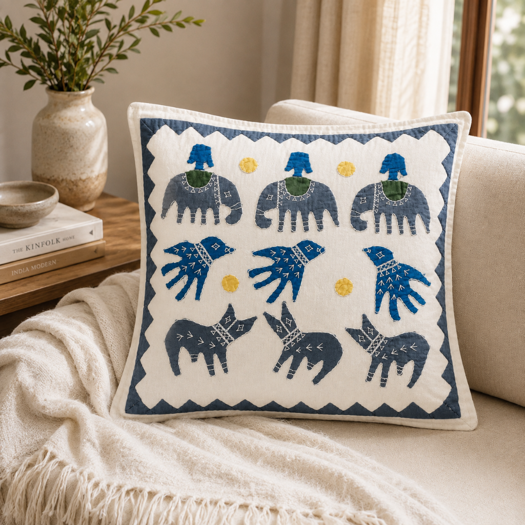 Gentle Safari Animal Motifs Applique Cotton Cushion Cover