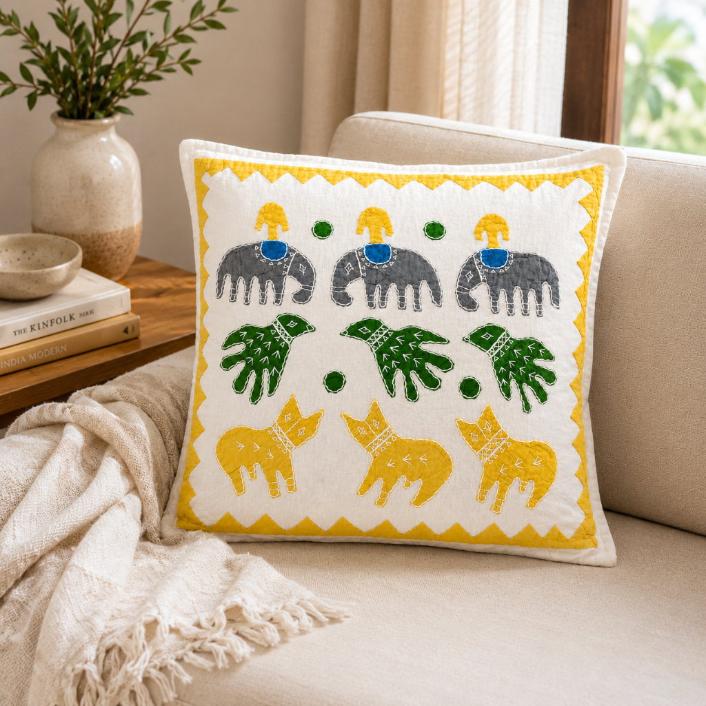 Gentle Safari Animal Motifs Applique Cotton Cushion Cover