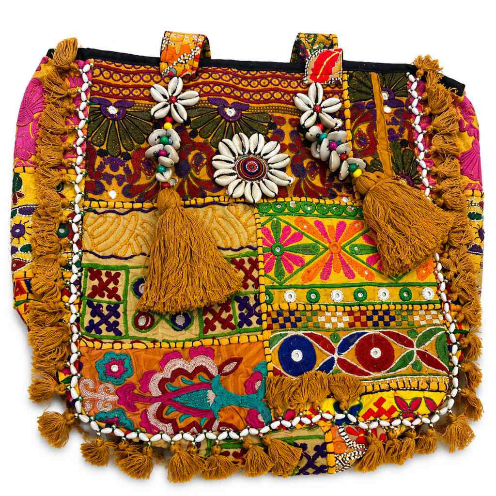 Boho Embroidered Tote Bag with Tassels