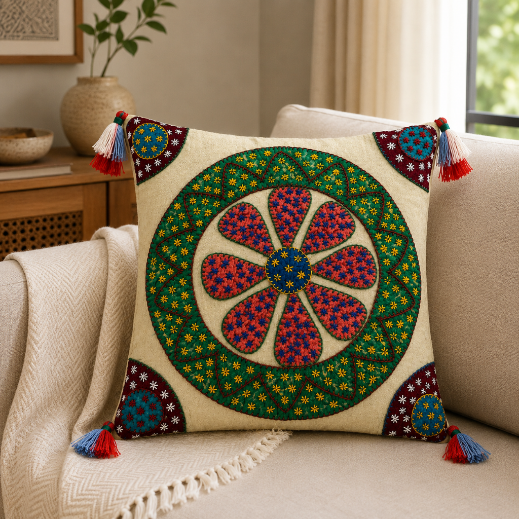 Handcrafted Floral Applique Cushion Cover