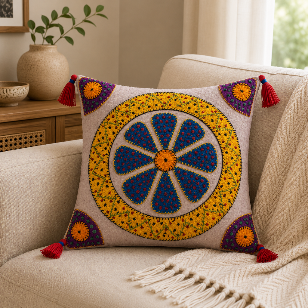 Handcrafted Floral Applique Cushion Cover