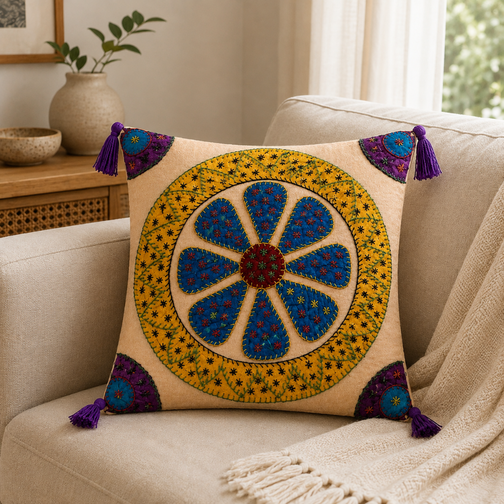 Handcrafted Floral Applique Cushion Cover