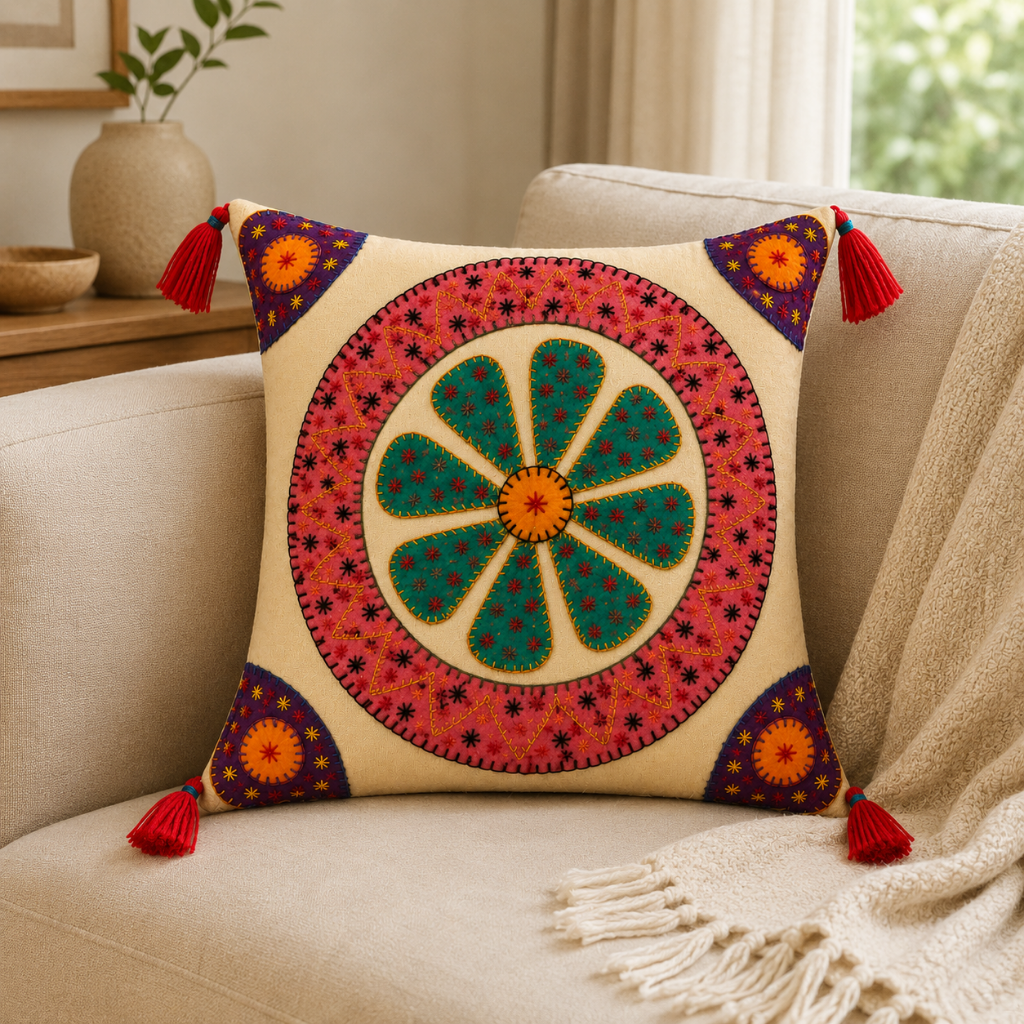 Handcrafted Floral Applique Cushion Cover