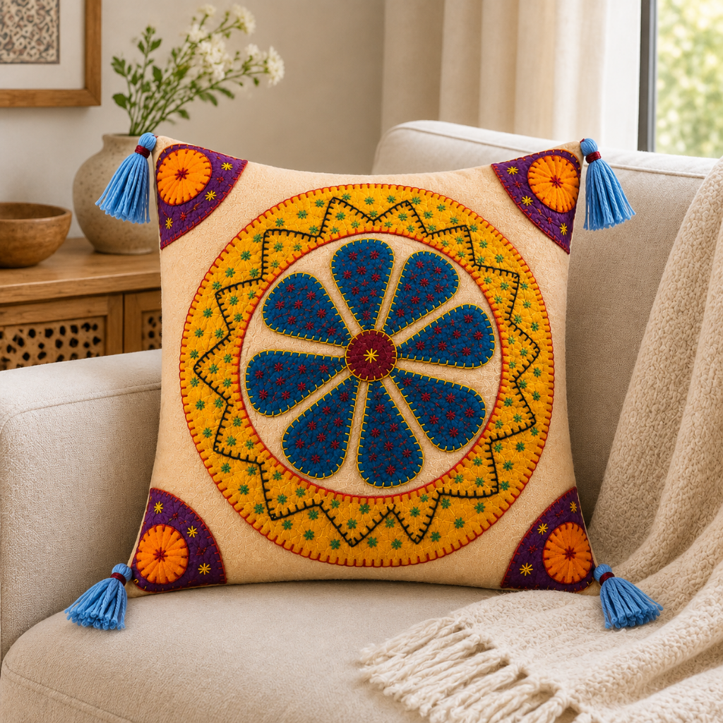 Handcrafted Floral Applique Cushion Cover