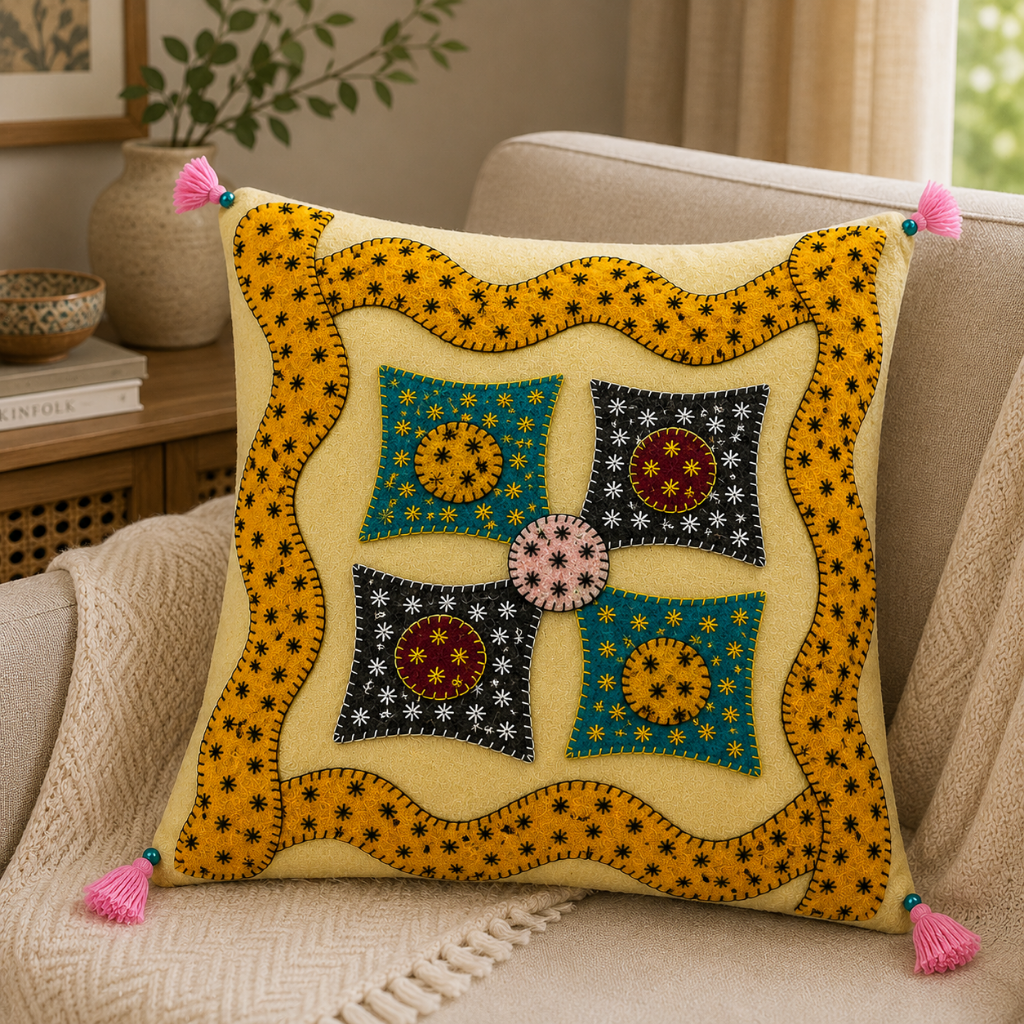 Geometric Hues Applique Cushion Cover