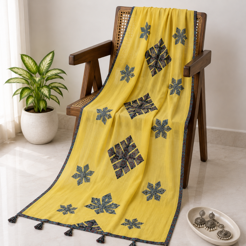 Yellow Cotton Dupatta with Floral Applique Design