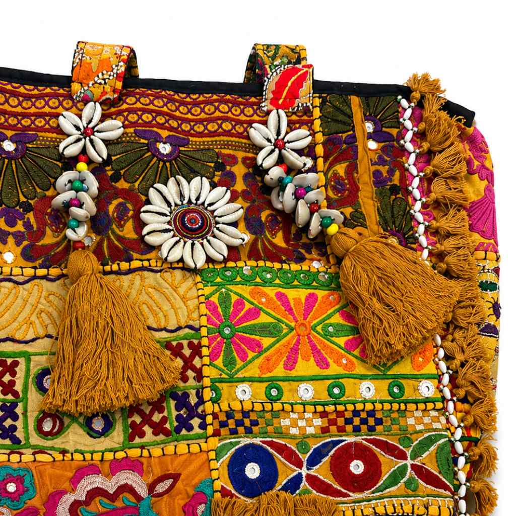 Boho Embroidered Tote Bag with Tassels