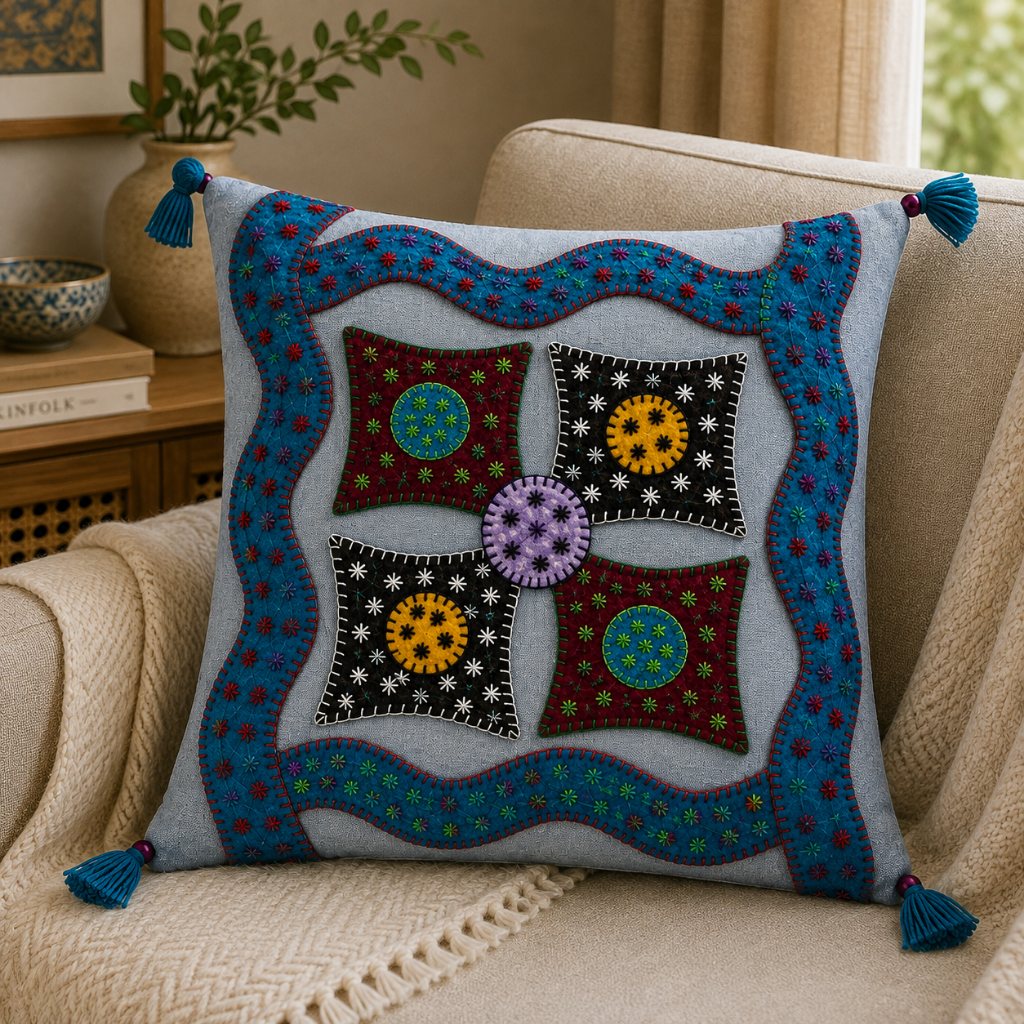 Geometric Hues Applique Cushion Cover