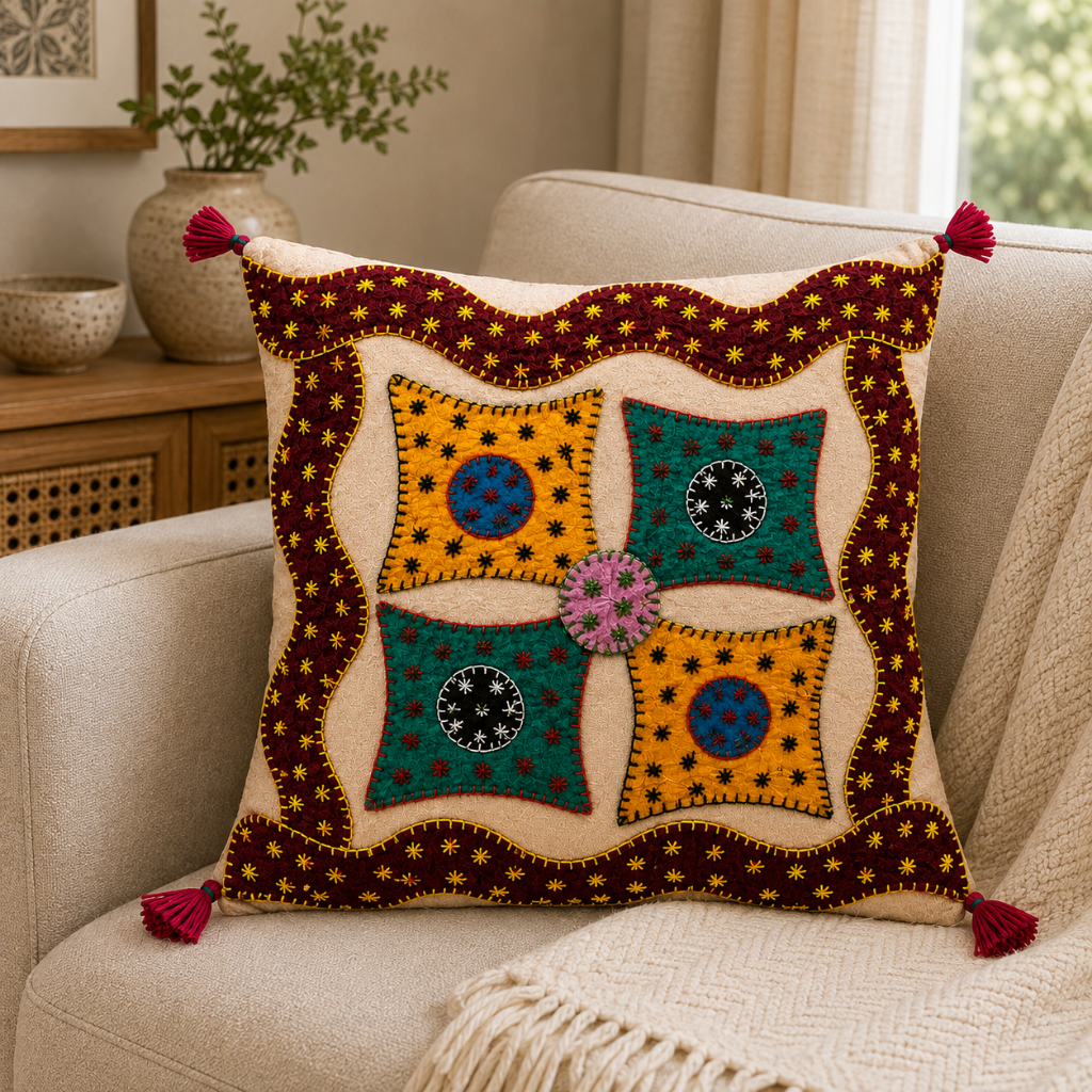 Geometric Hues Applique Cushion Cover