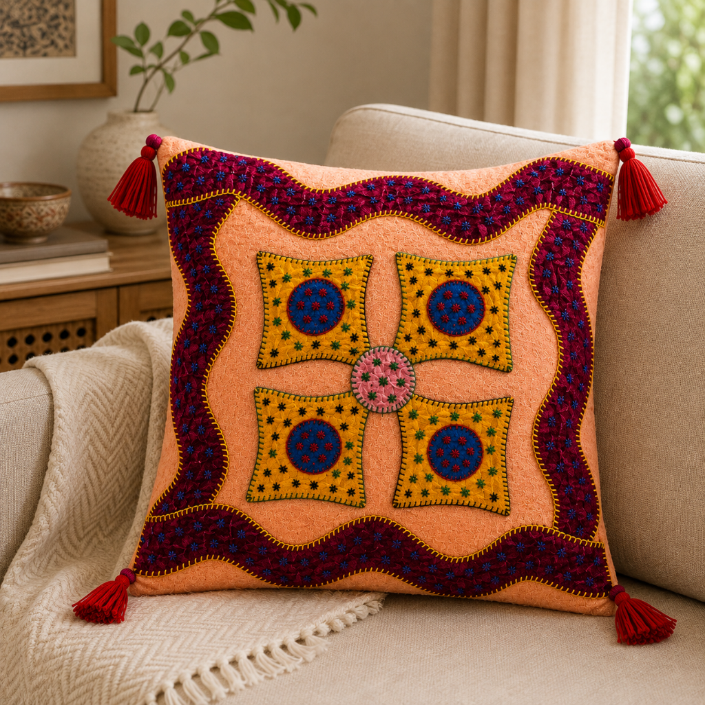 Geometric Hues Applique Cushion Cover