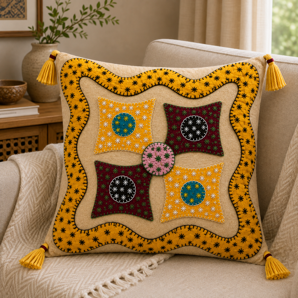 Geometric Hues Applique Cushion Cover