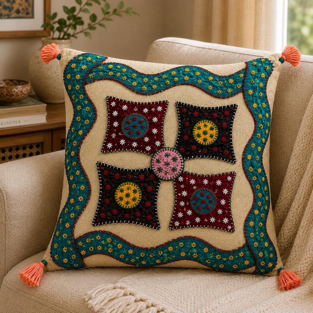 Geometric Hues Applique Cushion Cover