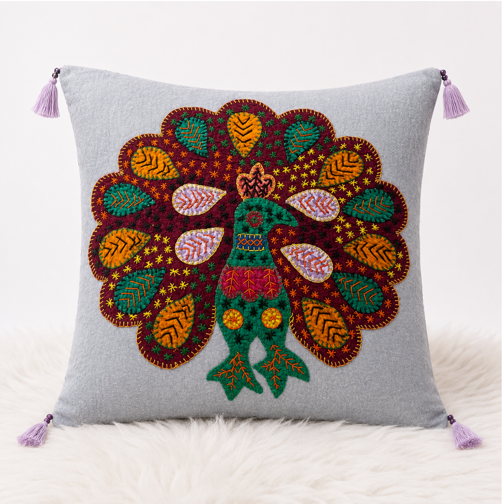 Peacock Applique Cushion Cover for Sofa or Bed Throw