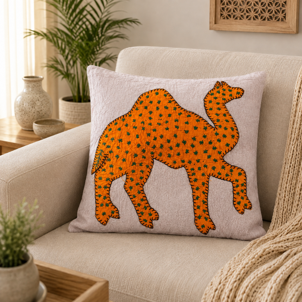Traditional Indian Camel Applique Cushion Cover