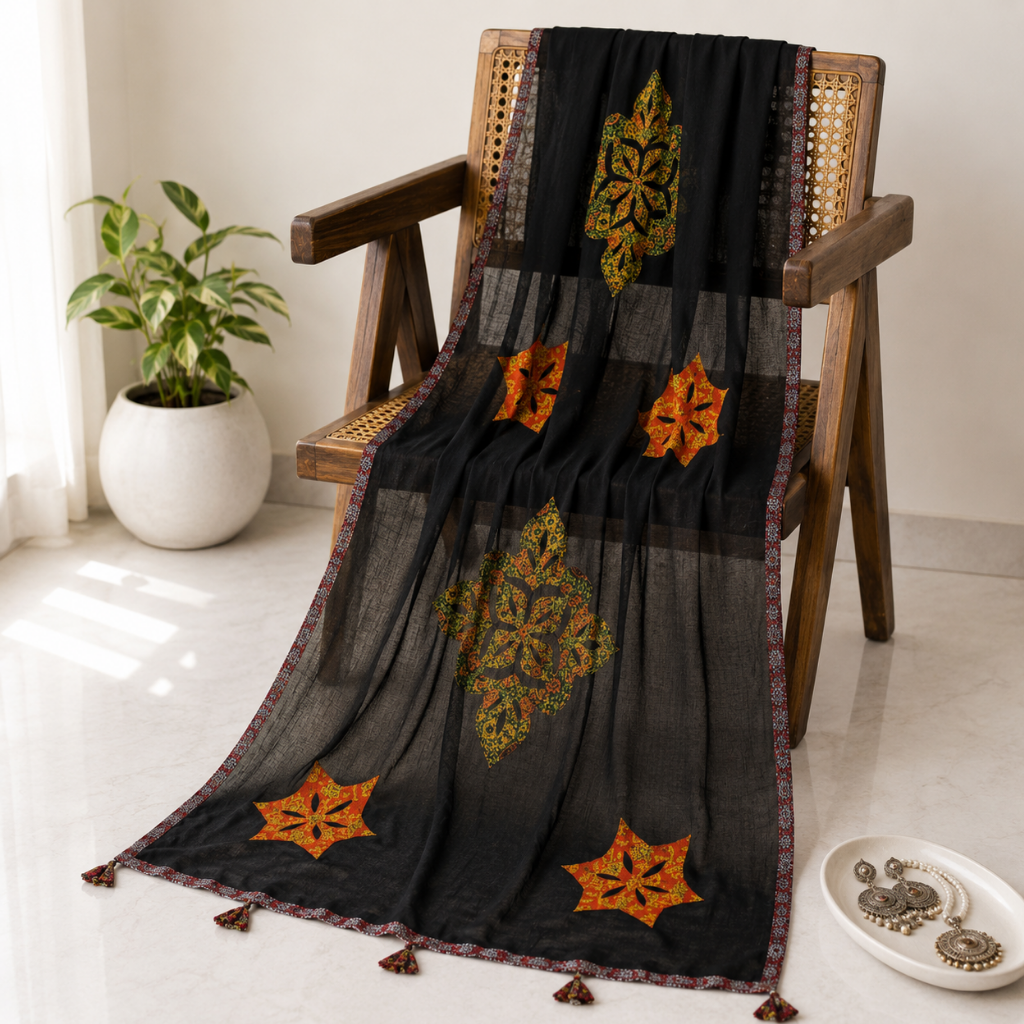 Vintage Paisley Applique Patchwork Black Dupatta