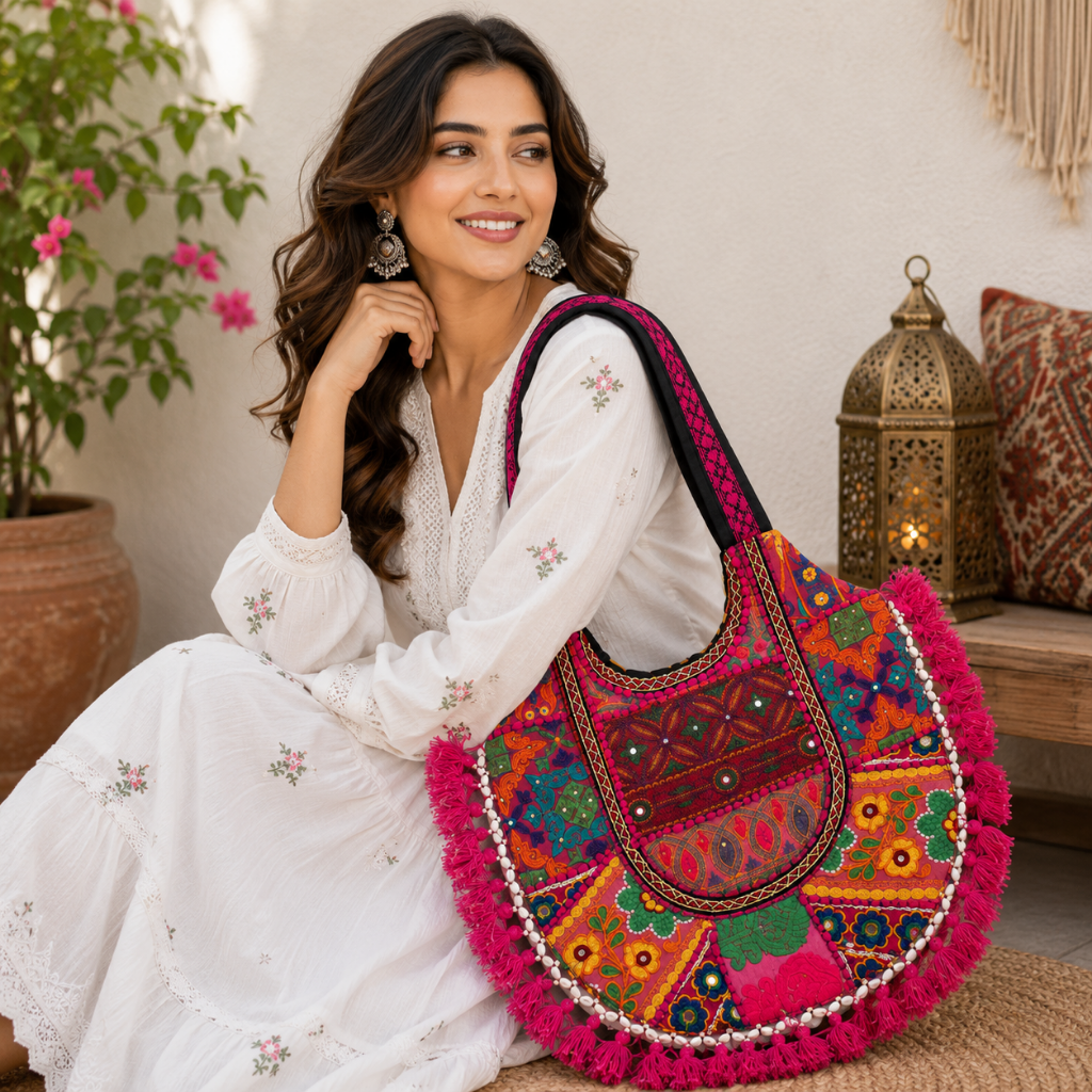 Fusion Hues Boho Tassel Embroidered Tote Bag