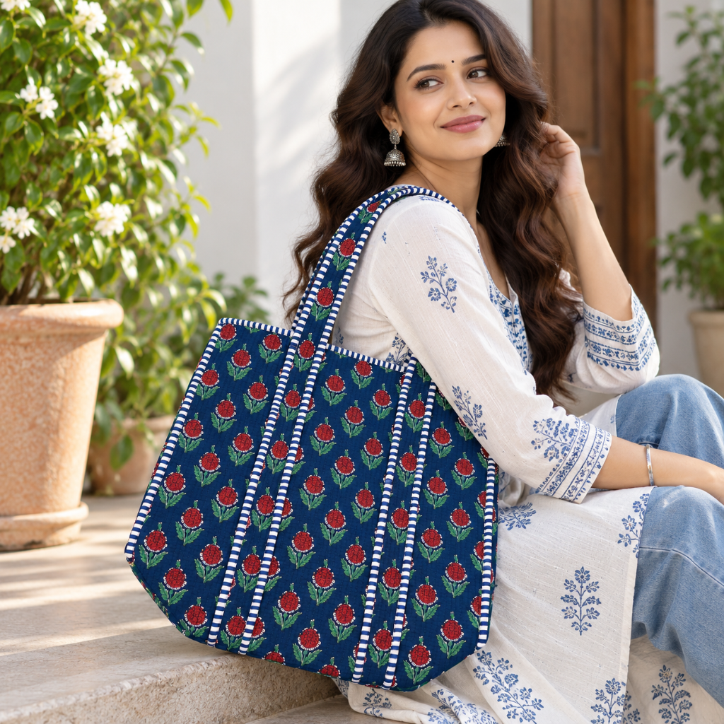 Printed Jaipuri Tote Bag | Animal and Floral Printed Rajasthani Bag