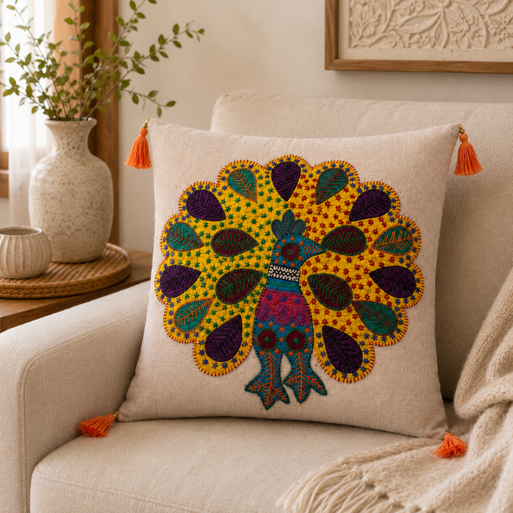 Peacock Applique Cushion Cover for Sofa or Bed Throw