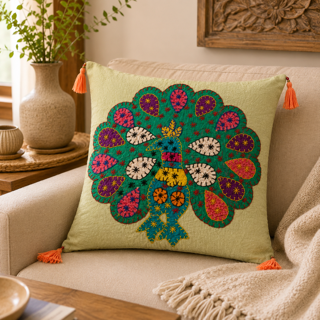 Peacock Applique Cushion Cover for Sofa or Bed Throw