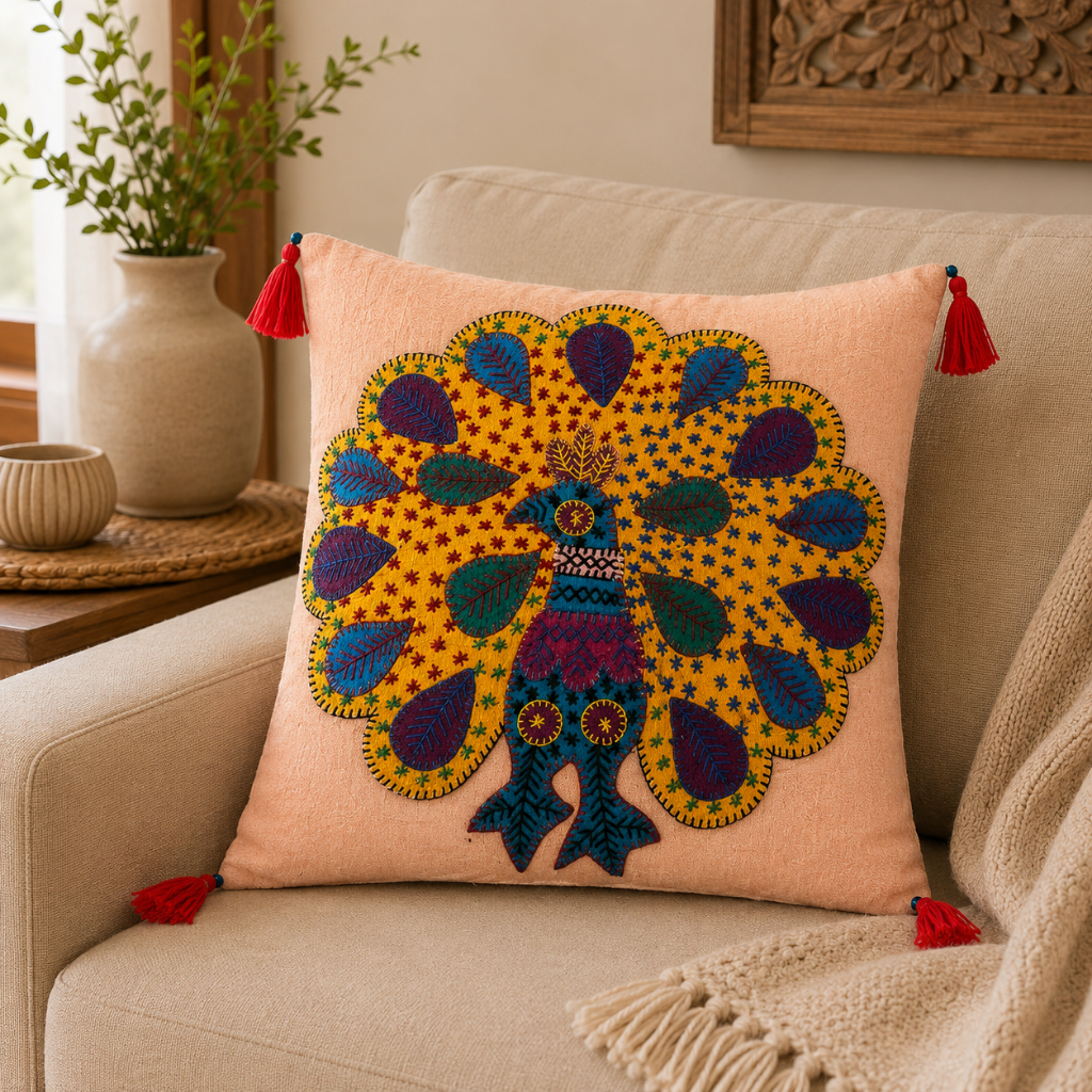 Peacock Applique Cushion Cover for Sofa or Bed Throw